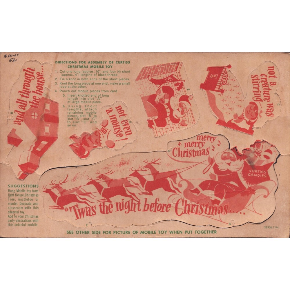 Vintage Curtiss Candy Twas the Night Before Christmas Punch Out Mobile Toy Card - Picture 2 of 2